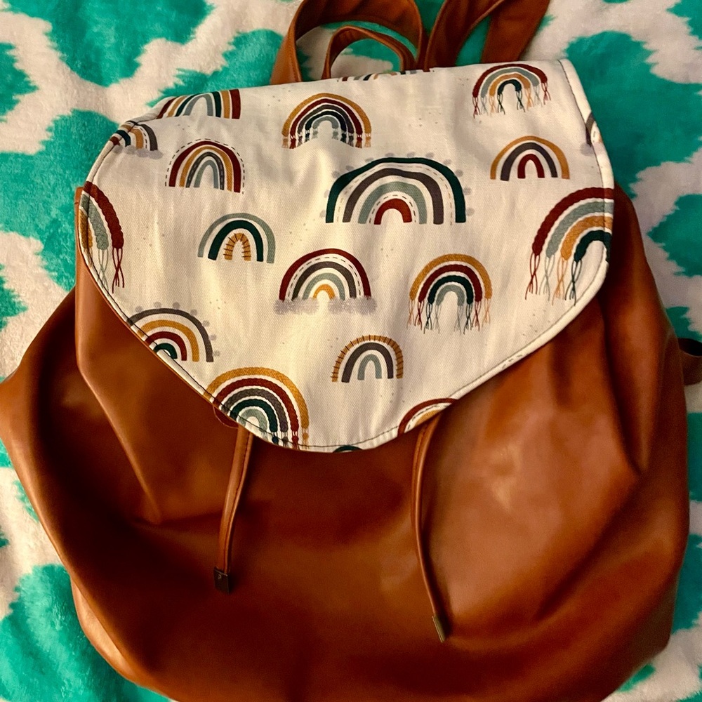 Sweet Pea n Pumpkin Brown Backpack with Rainbow Pattern